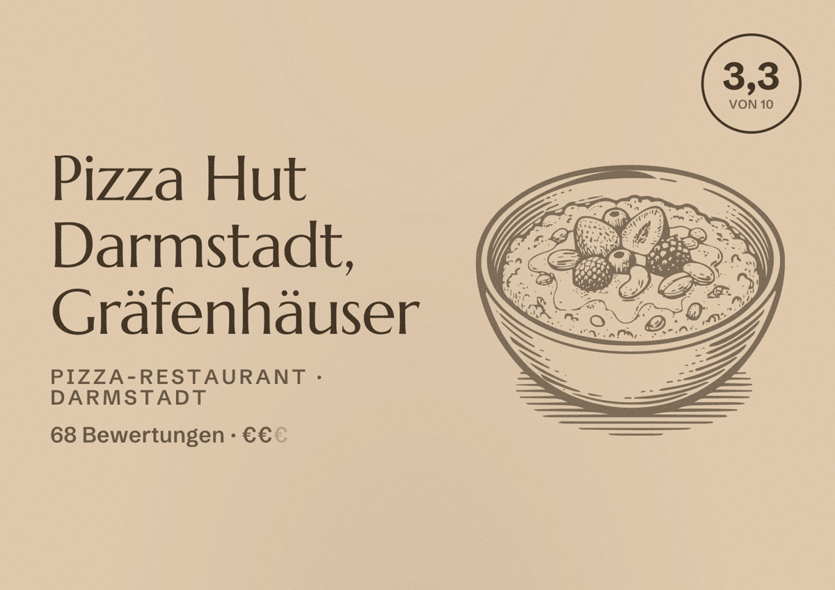 Illustriertes Poster von Pizza Hut Darmstadt, Gräfenhäuser, Pizza-Restaurant in Darmstadt: Bewertung 3,3 von 10 aus 68 Bewertungen, Preisniveau €€