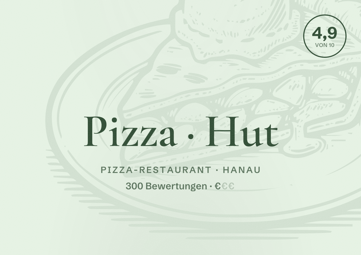 Illustriertes Poster von Pizza Hut, Pizza-Restaurant in Hanau: Bewertung 4,9 von 10 aus 300 Bewertungen, Preisniveau €