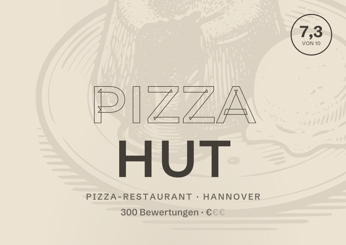 Illustriertes Poster von Pizza Hut, Pizza-Restaurant in Hannover: Bewertung 7,3 von 10 aus 300 Bewertungen, Preisniveau €