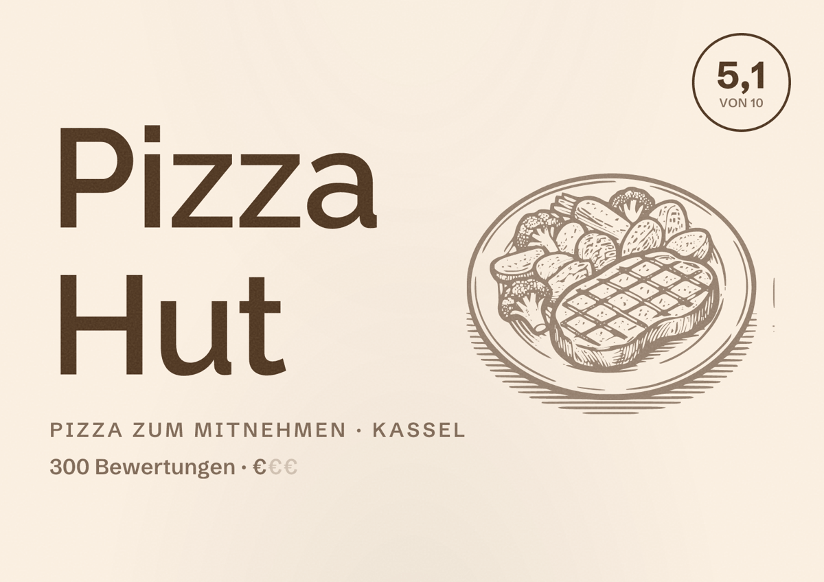 Illustriertes Poster von Pizza Hut, Pizza zum Mitnehmen in Kassel: Bewertung 5,1 von 10 aus 300 Bewertungen, Preisniveau €