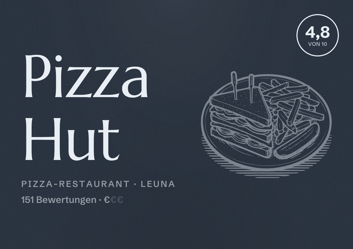 Illustriertes Poster von Pizza Hut, Pizza-Restaurant in Leuna: Bewertung 4,8 von 10 aus 151 Bewertungen, Preisniveau €