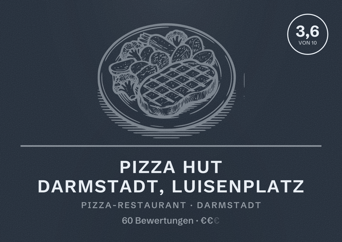 Illustriertes Poster von Pizza Hut Darmstadt, Luisenplatz, Pizza-Restaurant in Darmstadt: Bewertung 3,6 von 10 aus 60 Bewertungen, Preisniveau €€