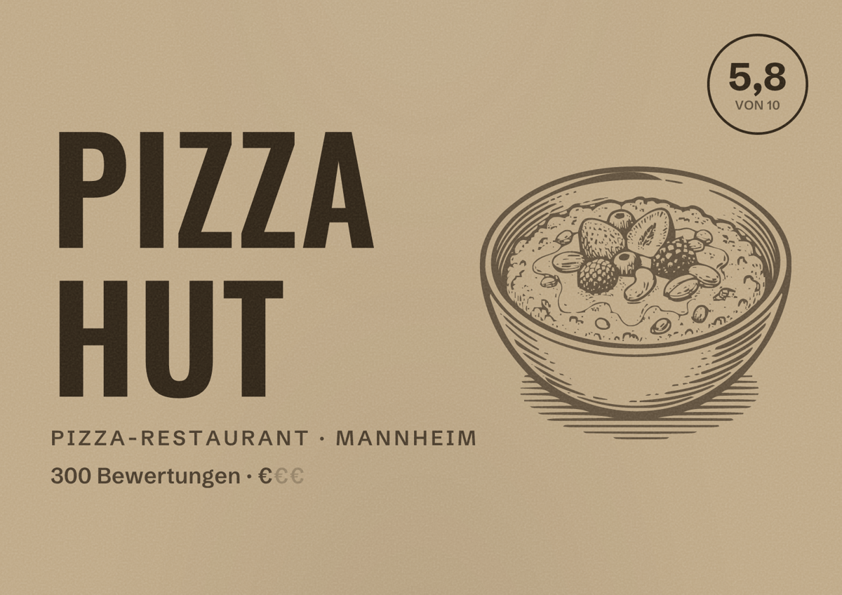 Illustriertes Poster von Pizza Hut, Pizza-Restaurant in Mannheim: Bewertung 5,8 von 10 aus 300 Bewertungen, Preisniveau €