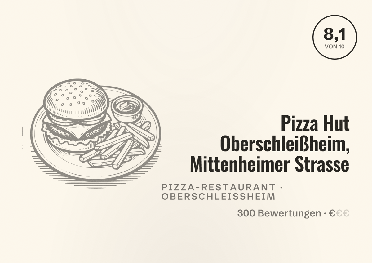 Illustriertes Poster von Pizza Hut Oberschleißheim, Mittenheimer Strasse, Pizza-Restaurant in Oberschleißheim: Bewertung 8,1 von 10 aus 300 Bewertungen, Preisniveau €