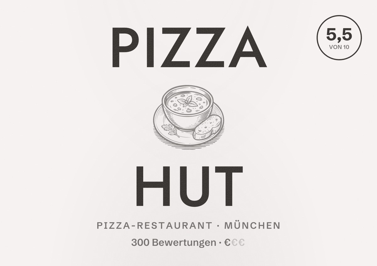 Illustriertes Poster von Pizza Hut, Pizza-Restaurant in München: Bewertung 5,5 von 10 aus 300 Bewertungen, Preisniveau €