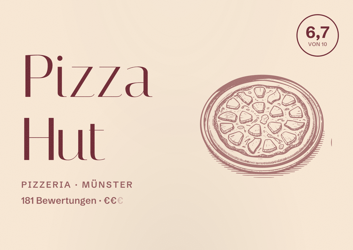 Illustriertes Poster von Pizza Hut, Pizzeria in Münster: Bewertung 6,7 von 10 aus 181 Bewertungen, Preisniveau €€