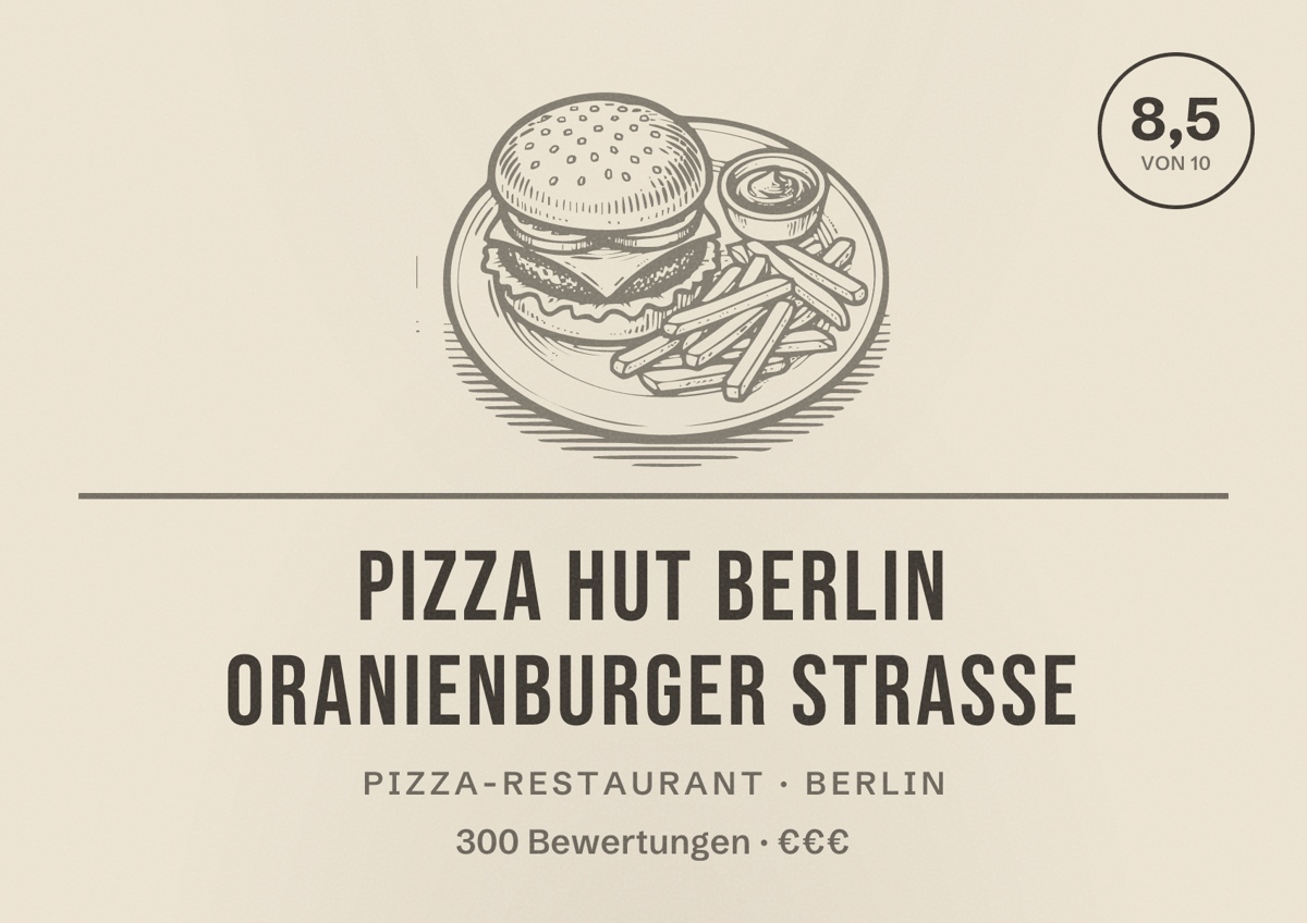 Illustriertes Poster von Pizza Hut Berlin Oranienburger Strasse, Pizza-Restaurant in Berlin: Bewertung 8,5 von 10 aus 300 Bewertungen, Preisniveau €€€