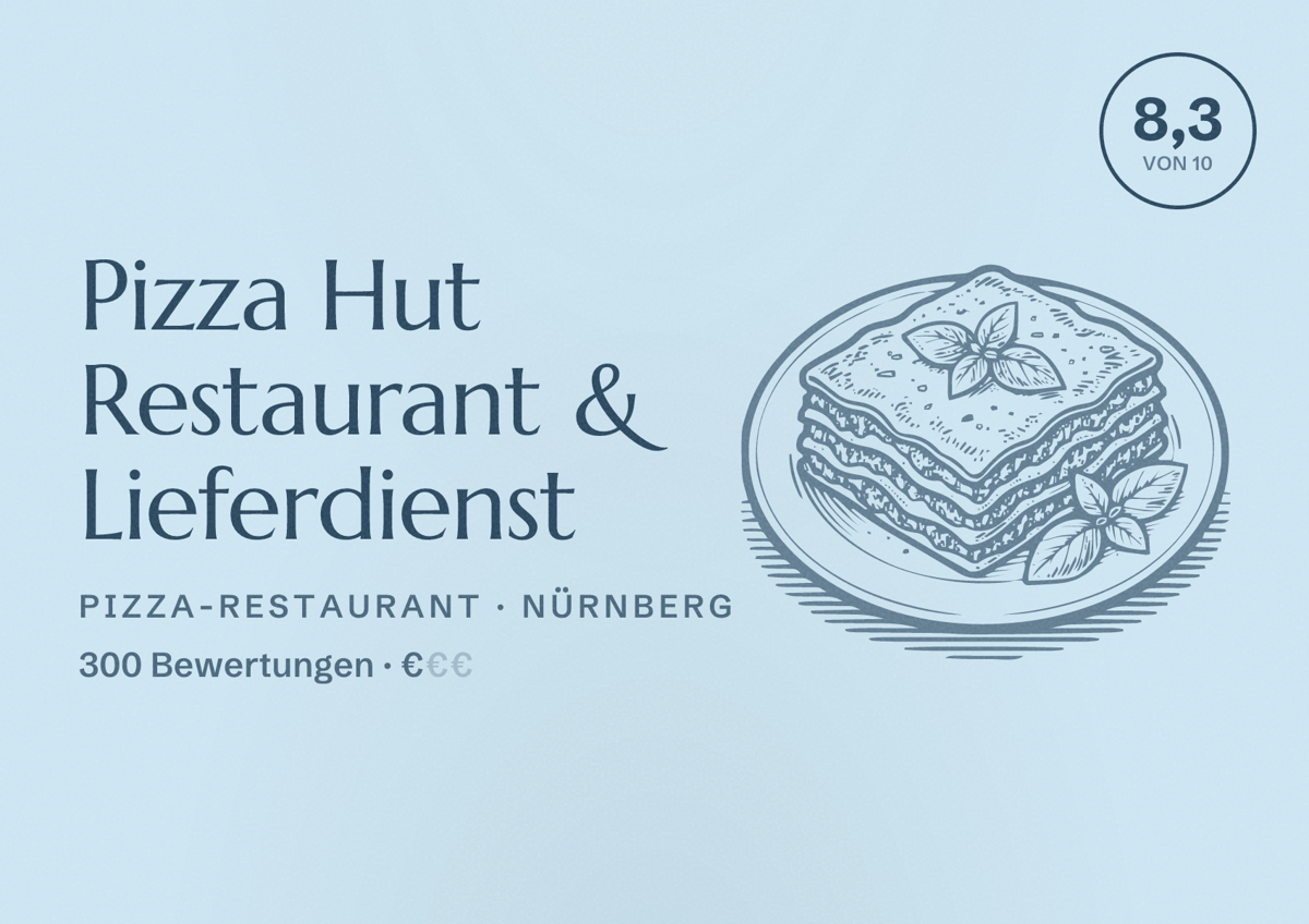 Illustriertes Poster von Pizza Hut Restaurant & Lieferdienst, Pizza-Restaurant in Nürnberg: Bewertung 8,3 von 10 aus 300 Bewertungen, Preisniveau €