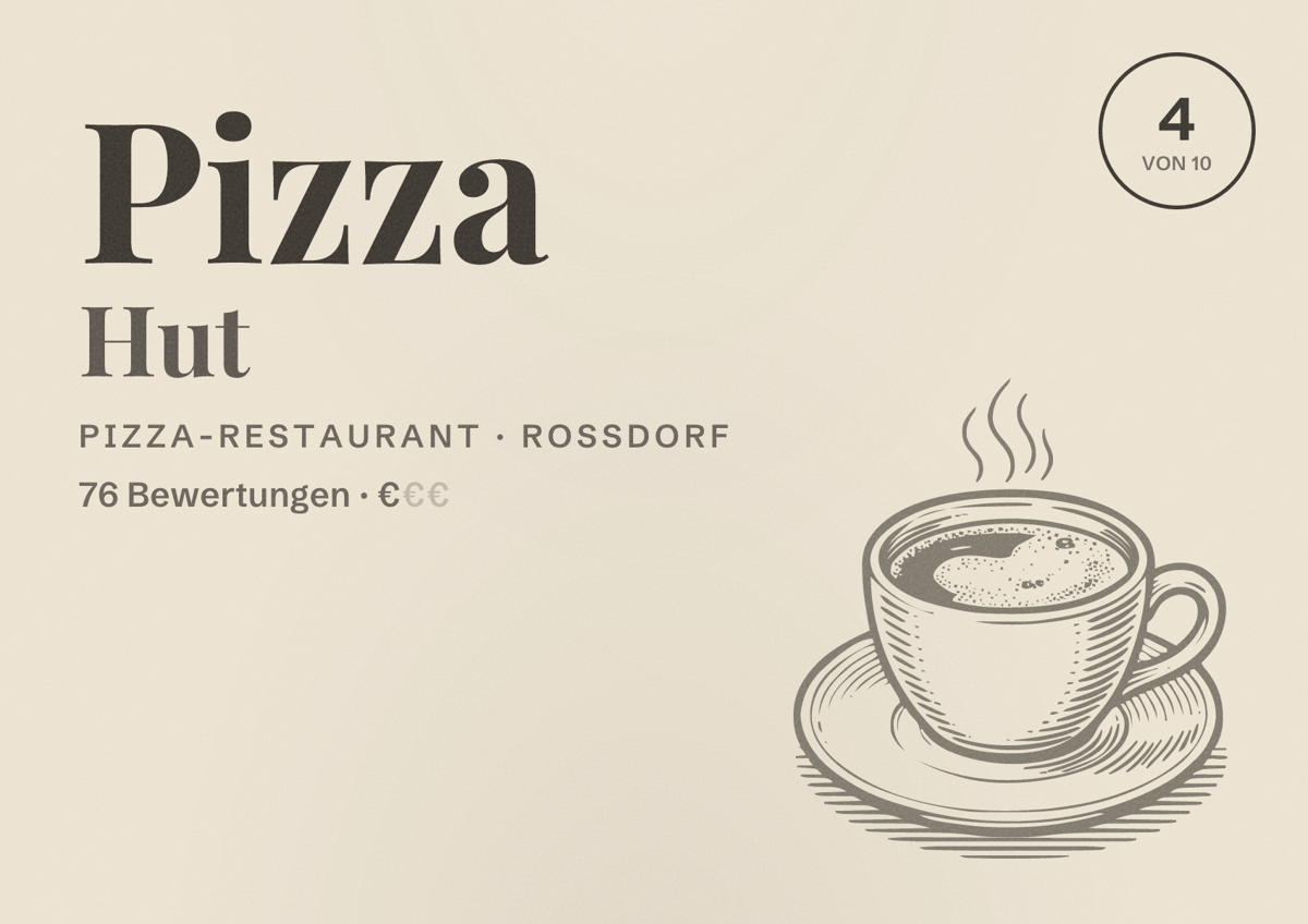 Illustriertes Poster von Pizza Hut, Pizza-Restaurant in Roßdorf: Bewertung 4 von 10 aus 76 Bewertungen, Preisniveau €