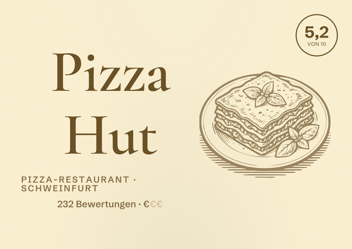 Illustriertes Poster von Pizza Hut, Pizza-Restaurant in Schweinfurt: Bewertung 5,2 von 10 aus 232 Bewertungen, Preisniveau €