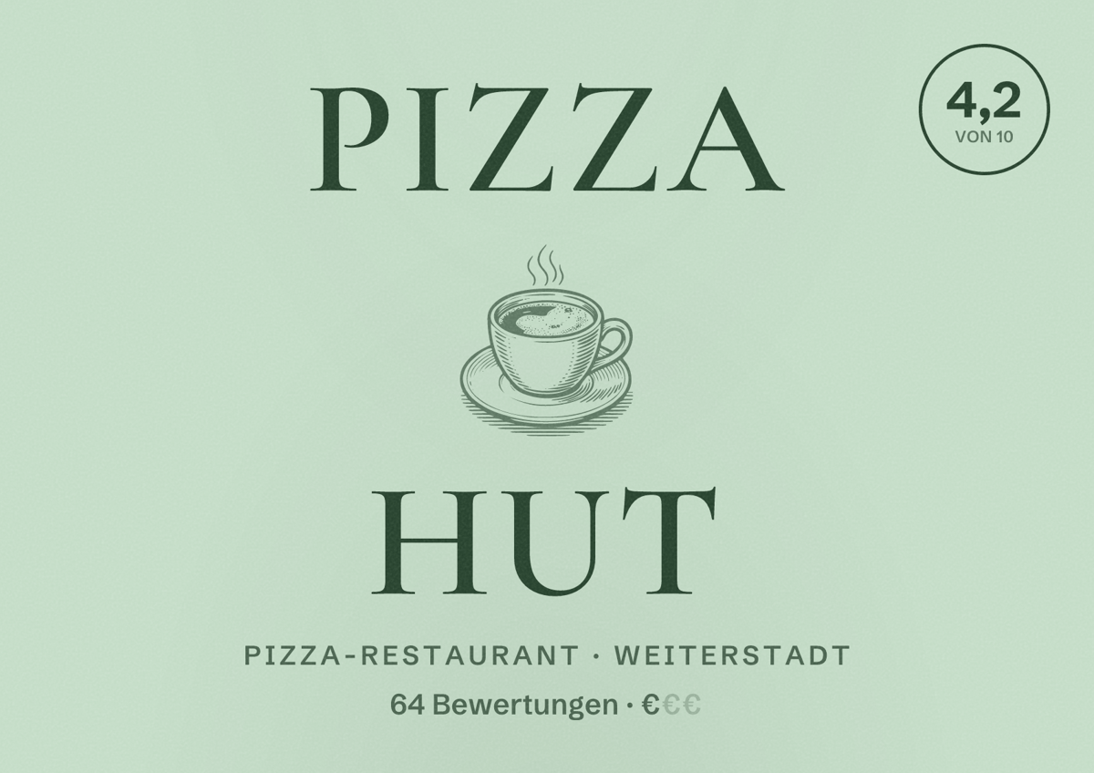 Illustriertes Poster von Pizza Hut, Pizza-Restaurant in Weiterstadt: Bewertung 4,2 von 10 aus 64 Bewertungen, Preisniveau €