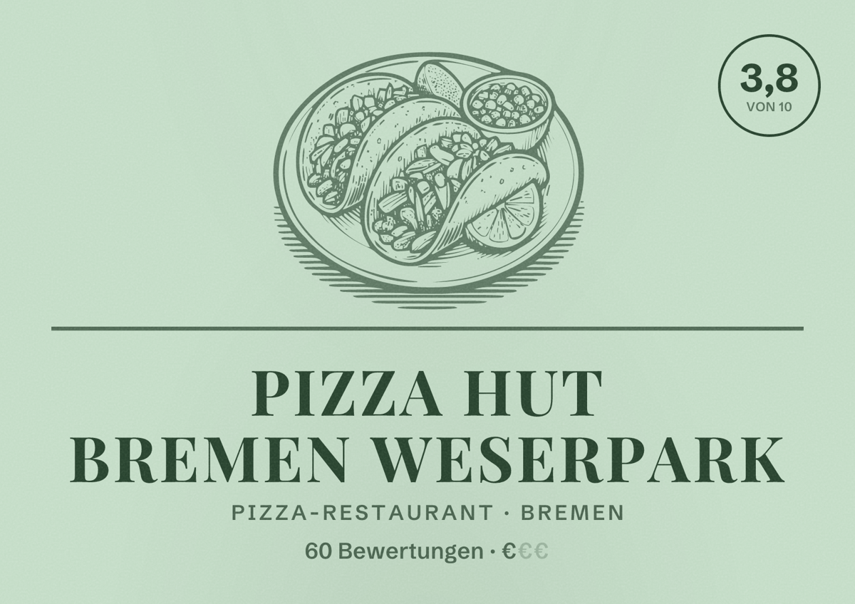Illustriertes Poster von Pizza Hut Bremen Weserpark, Pizza-Restaurant in Bremen: Bewertung 3,8 von 10 aus 60 Bewertungen, Preisniveau €