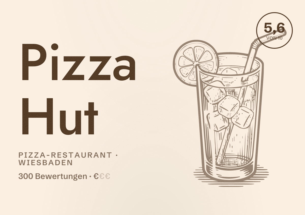 Illustriertes Poster von Pizza Hut, Pizza-Restaurant in Wiesbaden: Bewertung 5,6 von 10 aus 300 Bewertungen, Preisniveau €