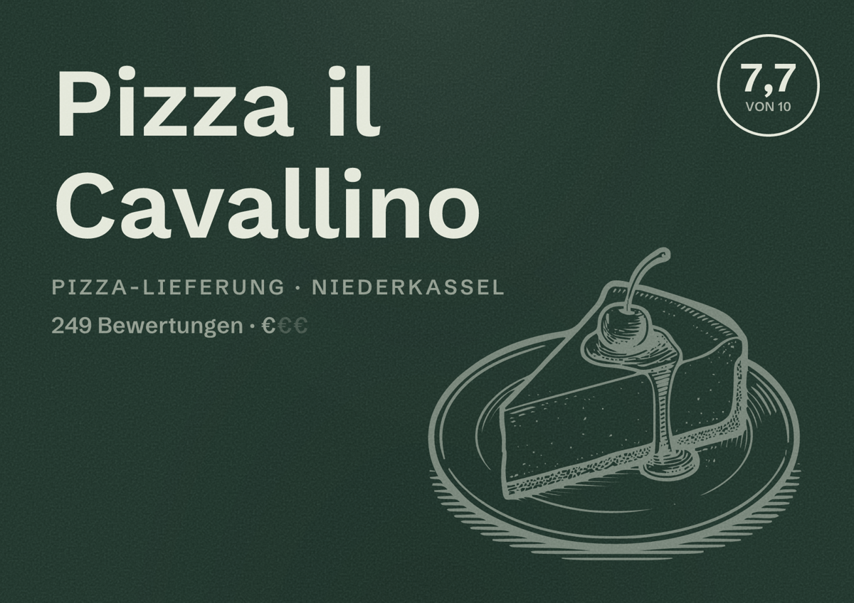 Illustriertes Poster von Pizza il Cavallino, Pizza-Lieferung in Niederkassel: Bewertung 7,7 von 10 aus 249 Bewertungen, Preisniveau €