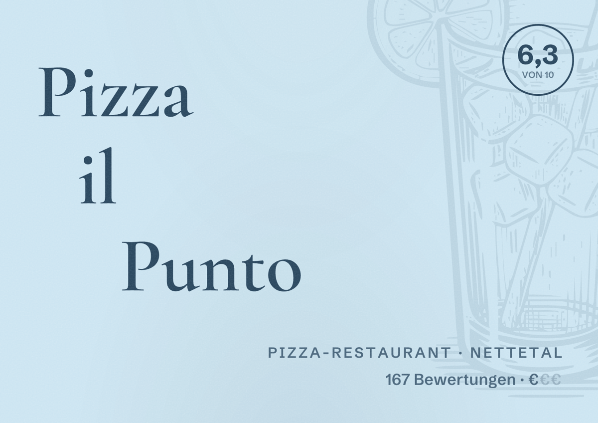 Illustriertes Poster von Pizza il Punto, Pizza-Restaurant in Nettetal: Bewertung 6,3 von 10 aus 167 Bewertungen, Preisniveau €