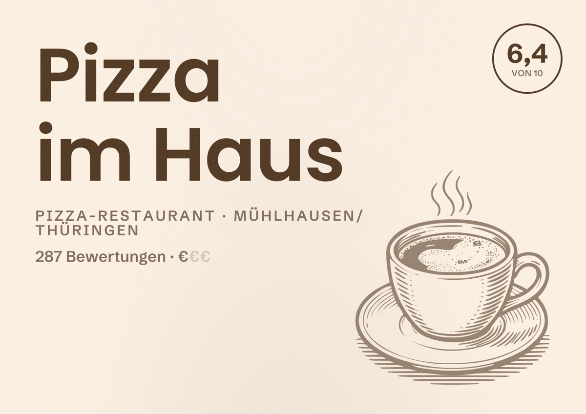 Illustriertes Poster von Pizza im Haus, Pizza-Restaurant in Mühlhausen/Thüringen: Bewertung 6,4 von 10 aus 287 Bewertungen, Preisniveau €