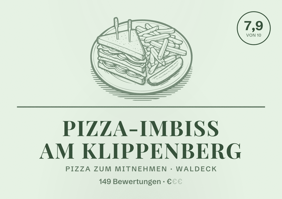 Illustriertes Poster von Pizza-Imbiss Am Klippenberg, Pizza zum Mitnehmen in Waldeck: Bewertung 7,9 von 10 aus 149 Bewertungen, Preisniveau €