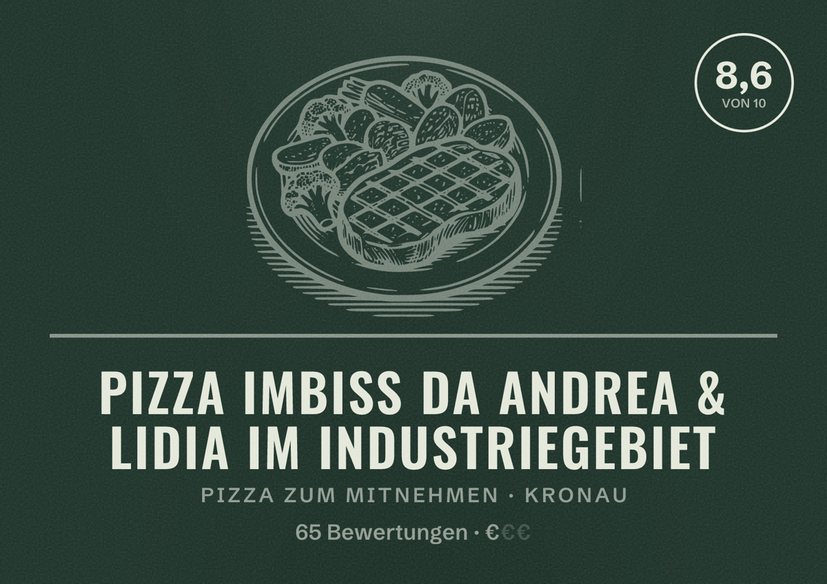 Illustriertes Poster von Pizza Imbiss Da Andrea & Lidia Im Industriegebiet, Pizza zum Mitnehmen in Kronau: Bewertung 8,6 von 10 aus 65 Bewertungen, Preisniveau €