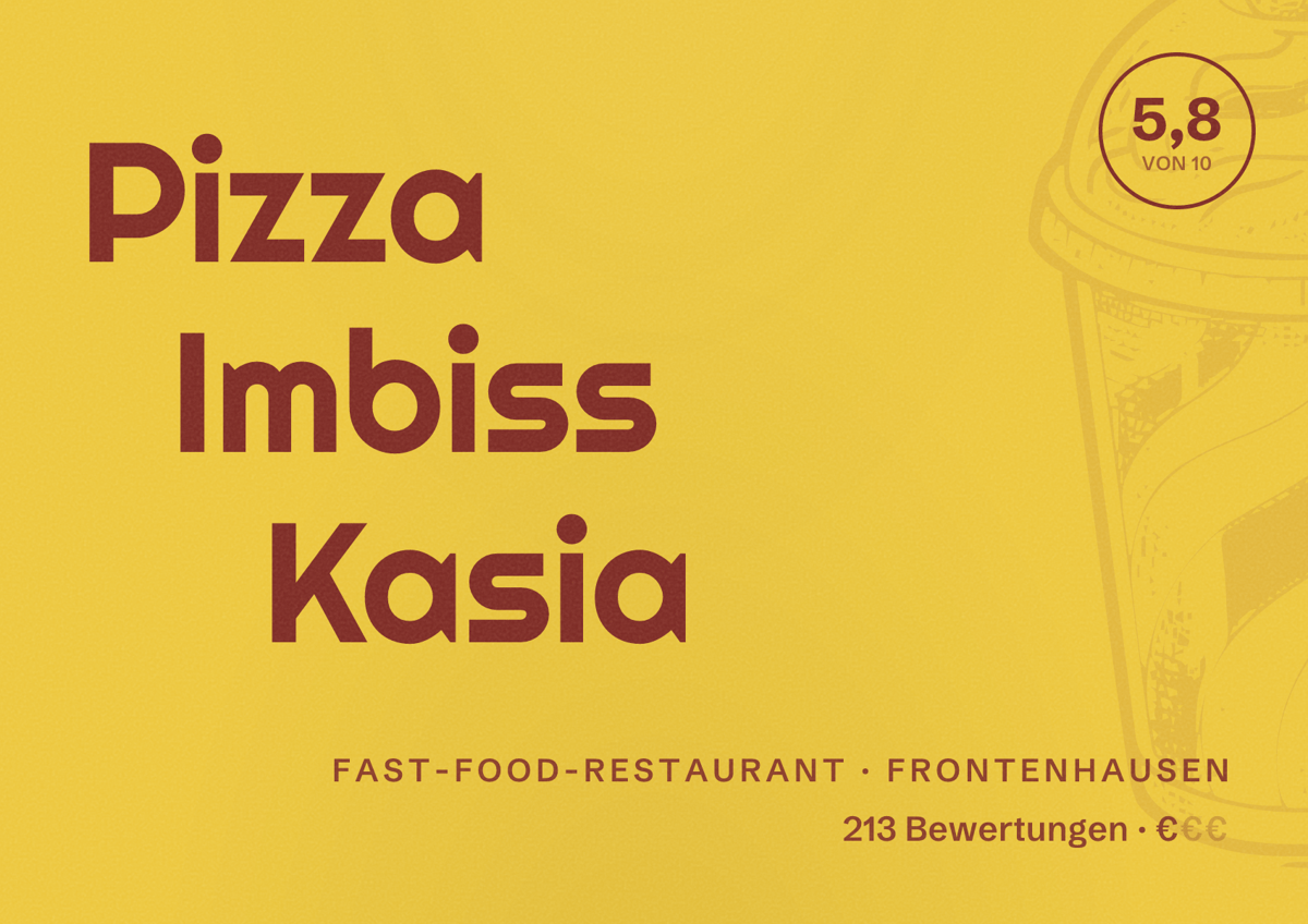 Illustriertes Poster von Pizza Imbiss Kasia, Fast-Food-Restaurant in Frontenhausen: Bewertung 5,8 von 10 aus 213 Bewertungen, Preisniveau €
