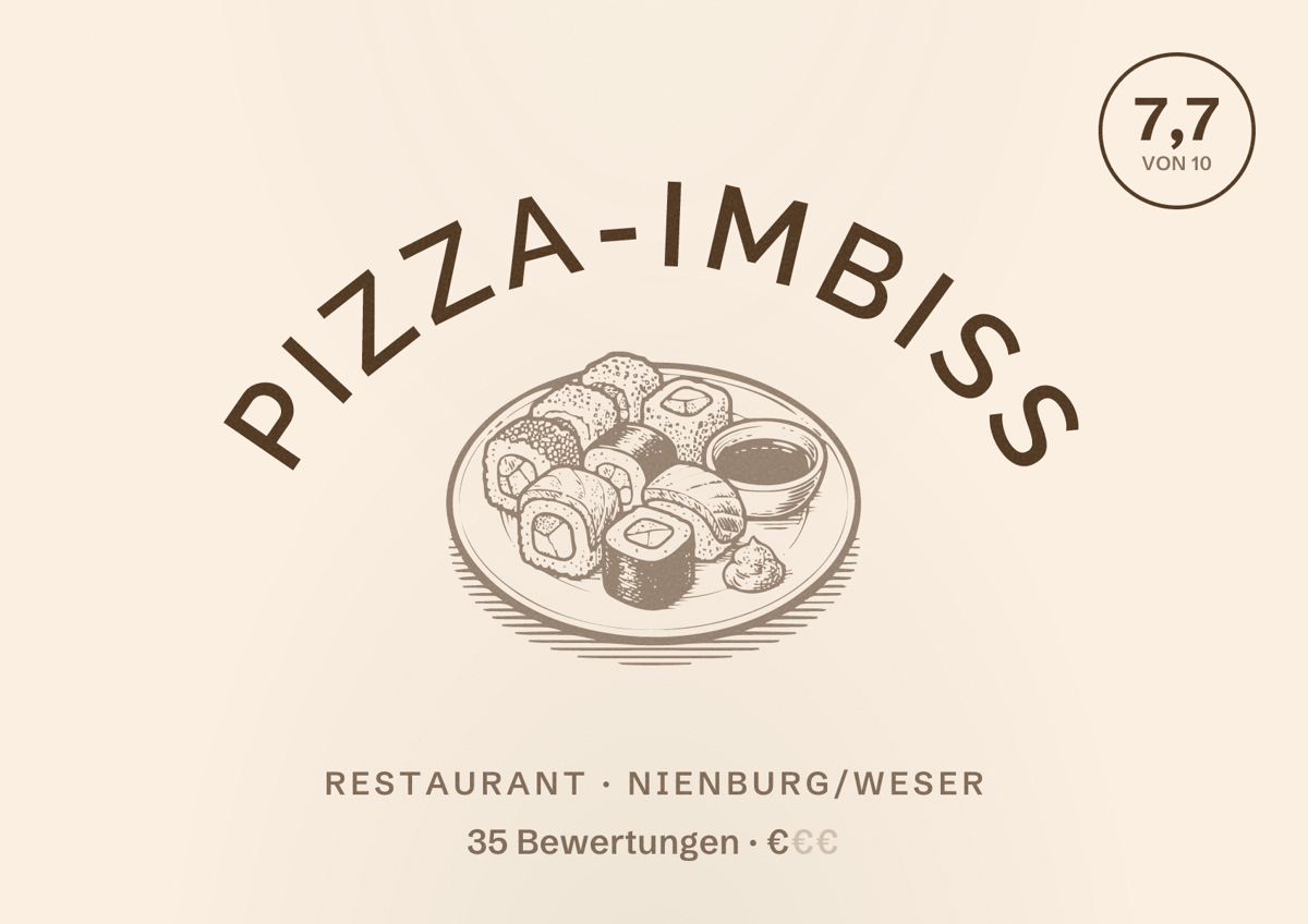 Illustriertes Poster von Pizza-Imbiß, Restaurant in Nienburg/Weser: Bewertung 7,7 von 10 aus 35 Bewertungen, Preisniveau €