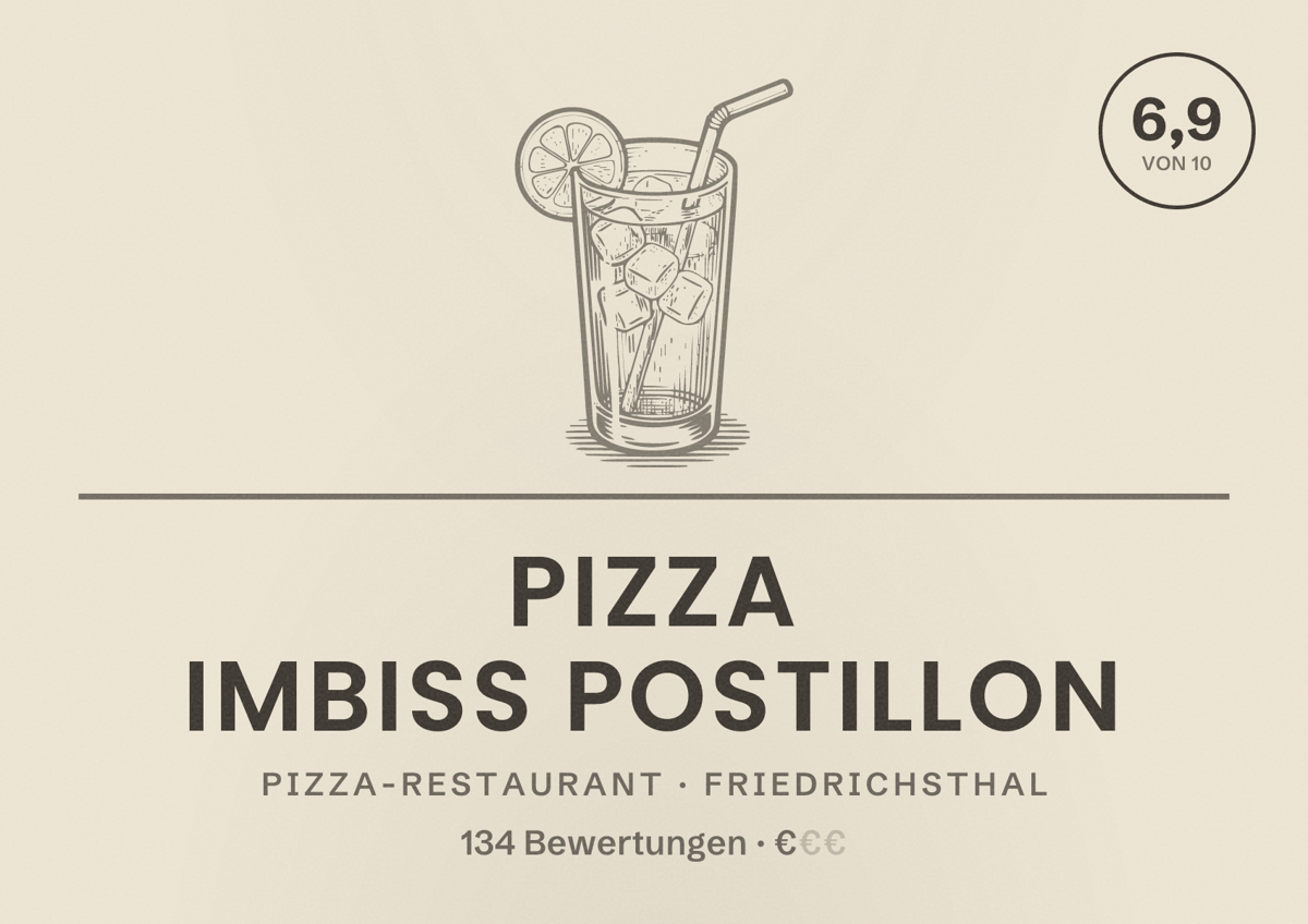 Illustriertes Poster von Pizza Imbiß Postillon, Pizza-Restaurant in Friedrichsthal: Bewertung 6,9 von 10 aus 134 Bewertungen, Preisniveau €
