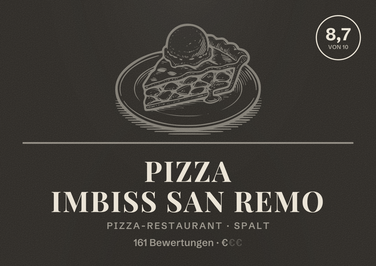 Illustriertes Poster von Pizza Imbiss San Remo, Pizza-Restaurant in Spalt: Bewertung 8,7 von 10 aus 161 Bewertungen, Preisniveau €