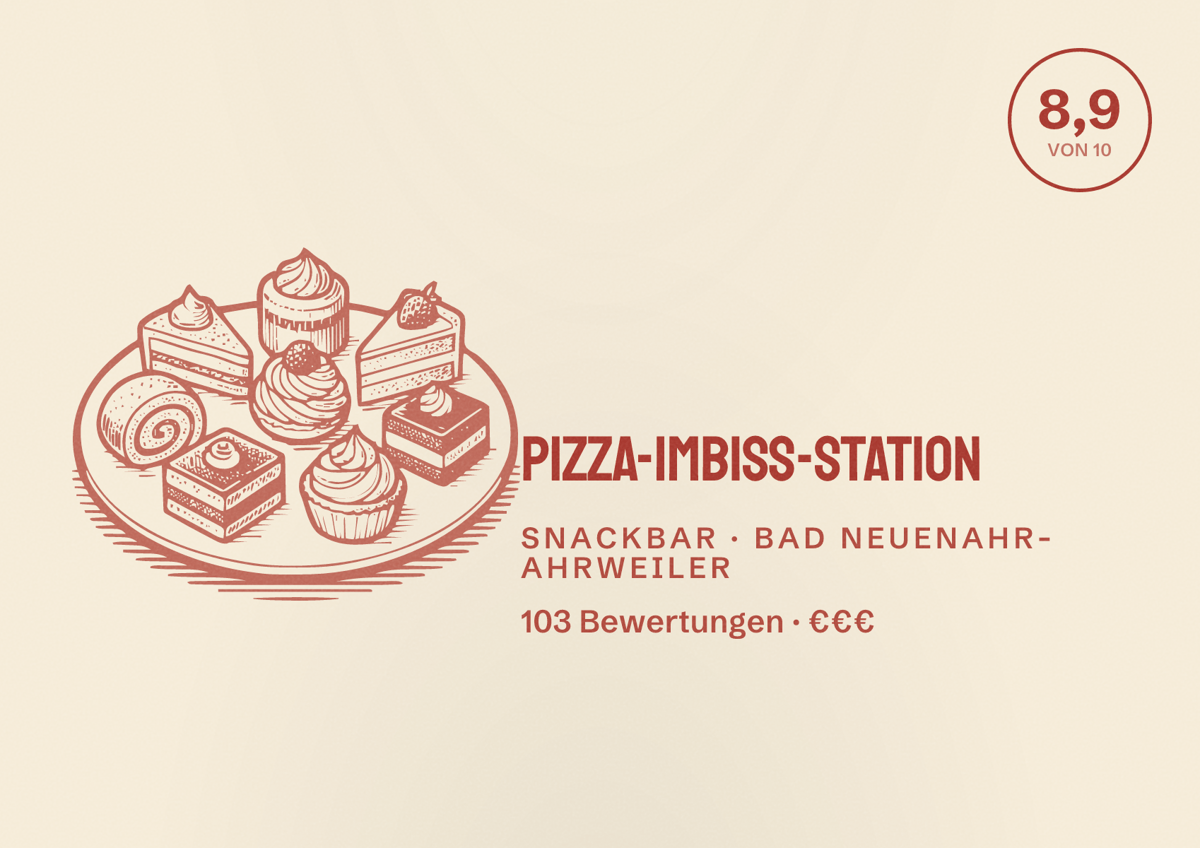 Illustriertes Poster von Pizza-Imbiss-Station, Snackbar in Bad Neuenahr-Ahrweiler: Bewertung 8,9 von 10 aus 103 Bewertungen, Preisniveau €€€