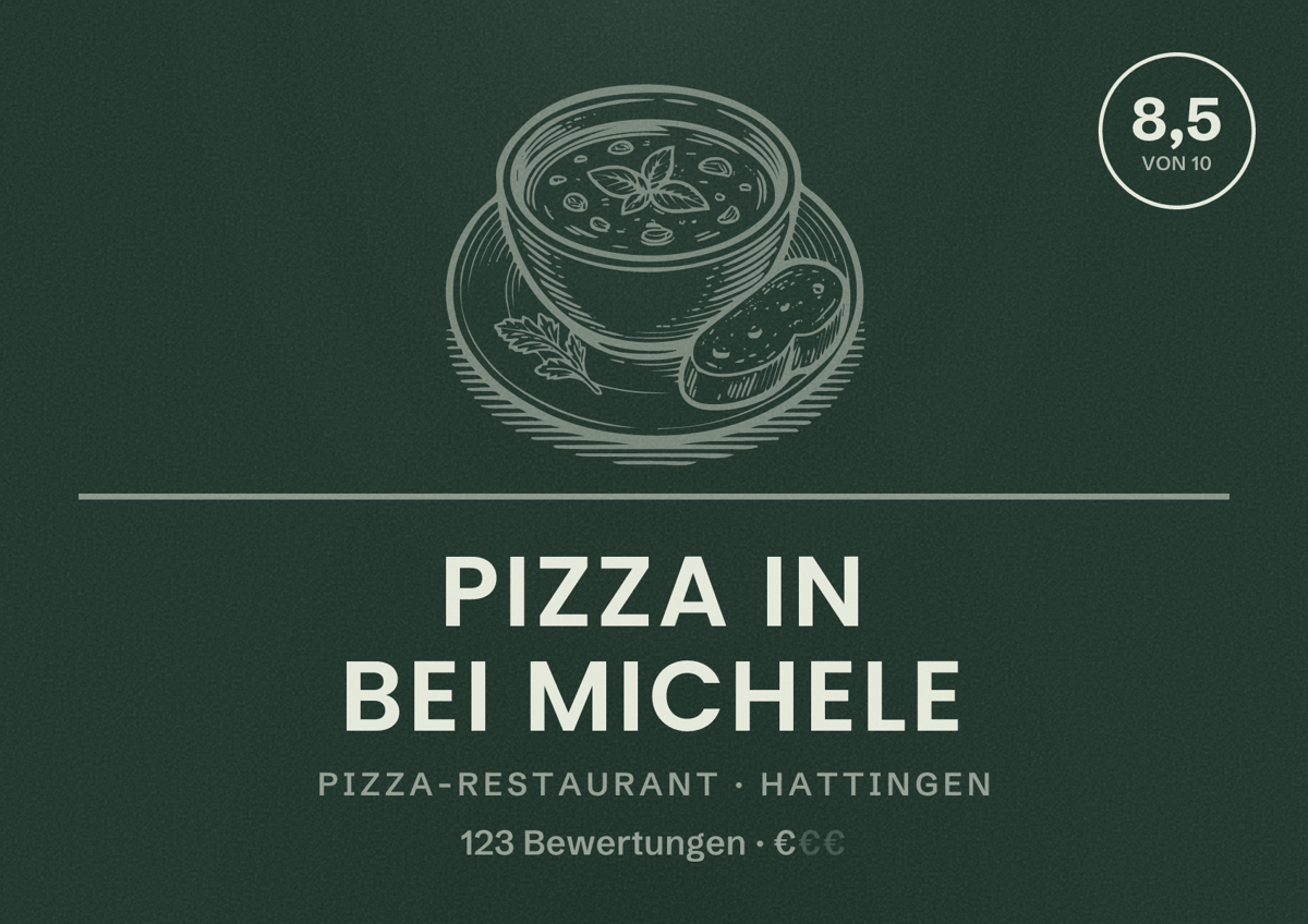 Illustriertes Poster von Pizza in bei Michele, Pizza-Restaurant in Hattingen: Bewertung 8,5 von 10 aus 123 Bewertungen, Preisniveau €