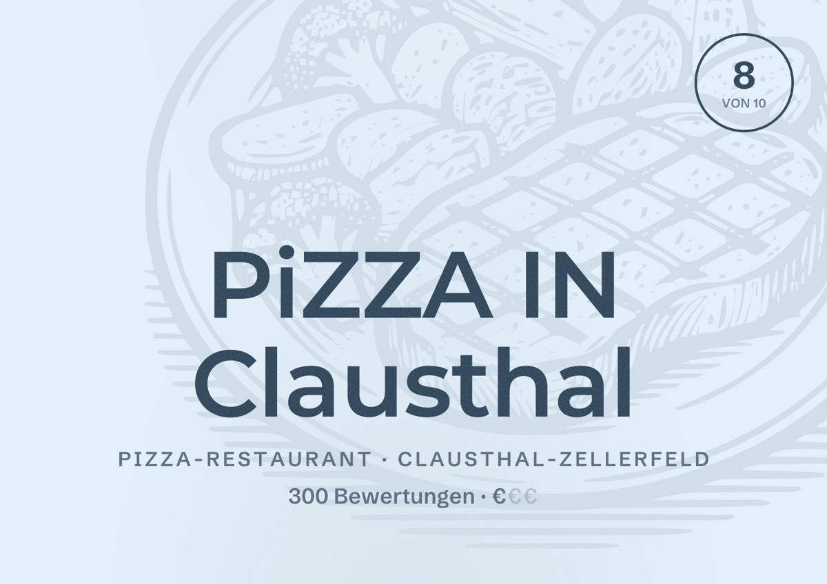Illustriertes Poster von PiZZA IN Clausthal, Pizza-Restaurant in Clausthal-Zellerfeld: Bewertung 8 von 10 aus 300 Bewertungen, Preisniveau €