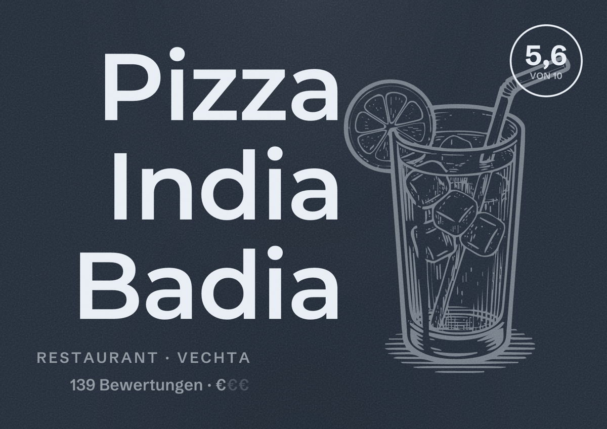 Illustriertes Poster von Pizza India Badia, Restaurant in Vechta: Bewertung 5,6 von 10 aus 139 Bewertungen, Preisniveau €