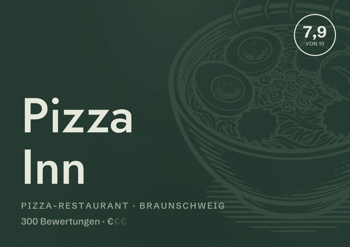 Illustriertes Poster von Pizza Inn, Pizza-Restaurant in Braunschweig: Bewertung 7,9 von 10 aus 300 Bewertungen, Preisniveau €