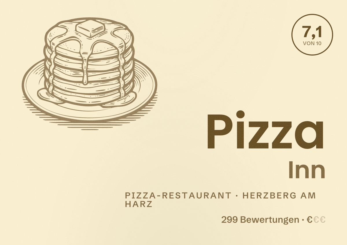 Illustriertes Poster von Pizza Inn, Pizza-Restaurant in Herzberg am Harz: Bewertung 7,1 von 10 aus 299 Bewertungen, Preisniveau €