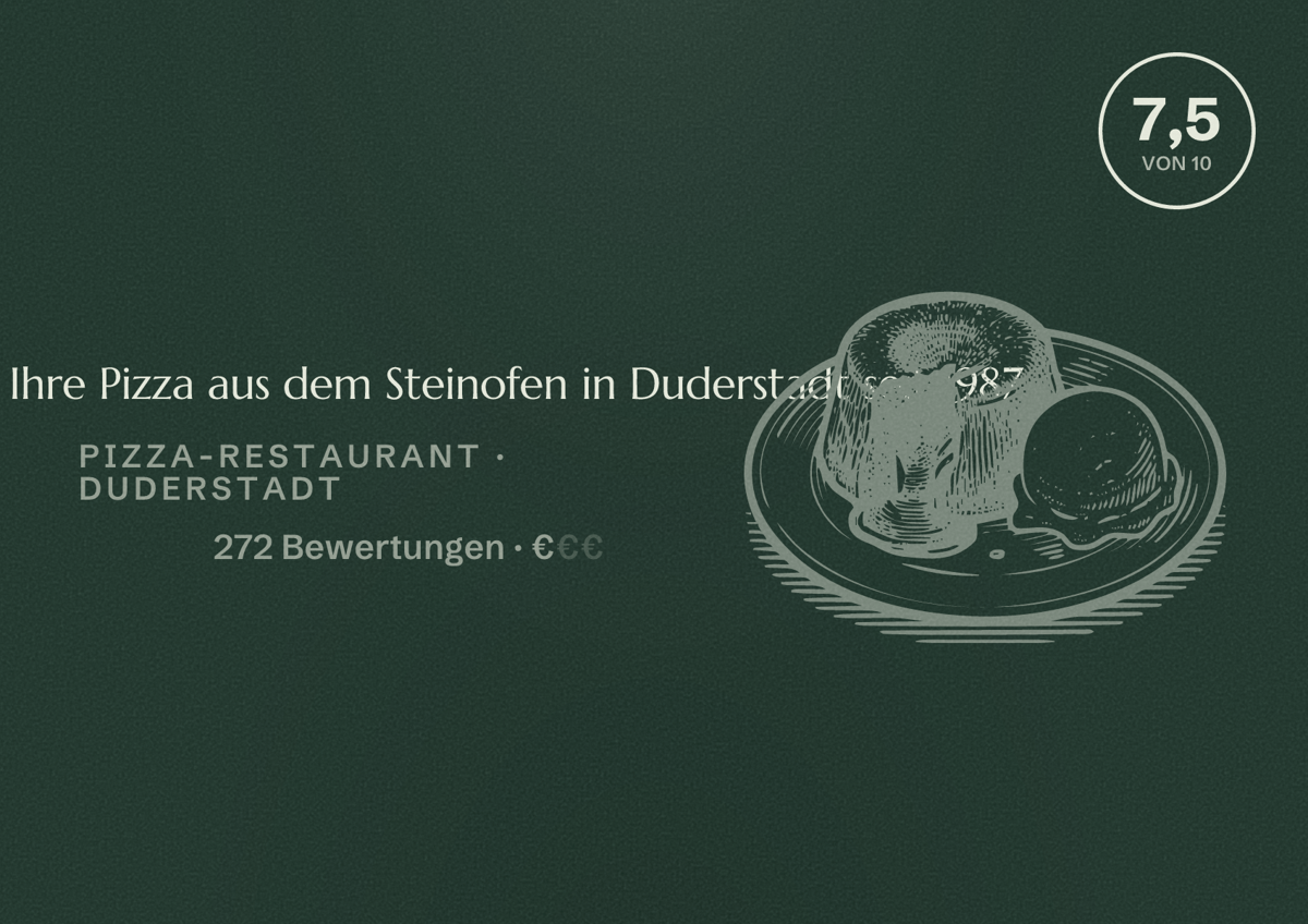 Illustriertes Poster von Pizza Inn - Ihre Pizza aus dem Steinofen in Duderstadt seit 1987, Pizza-Restaurant in Duderstadt: Bewertung 7,5 von 10 aus 272 Bewertungen, Preisniveau €