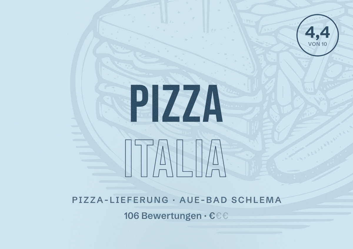Illustriertes Poster von Pizza Italia, Pizza-Lieferung in Aue-Bad Schlema: Bewertung 4,4 von 10 aus 106 Bewertungen, Preisniveau €
