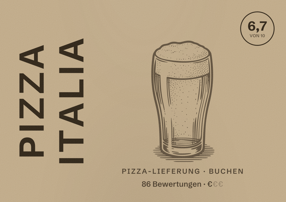 Illustriertes Poster von Pizza Italia, Pizza-Lieferung in Buchen: Bewertung 6,7 von 10 aus 86 Bewertungen, Preisniveau €