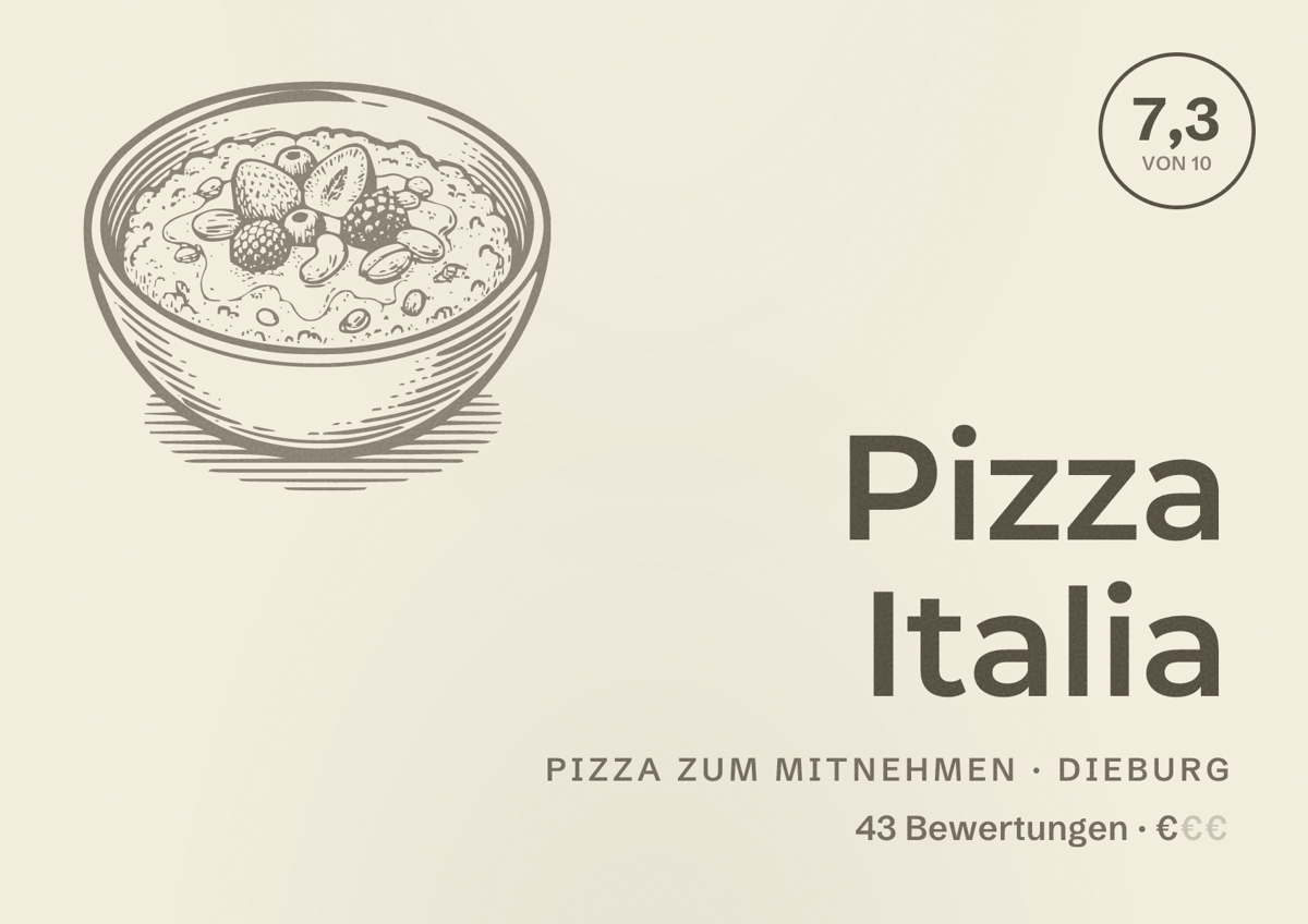 Illustriertes Poster von Pizza Italia, Pizza zum Mitnehmen in Dieburg: Bewertung 7,3 von 10 aus 43 Bewertungen, Preisniveau €