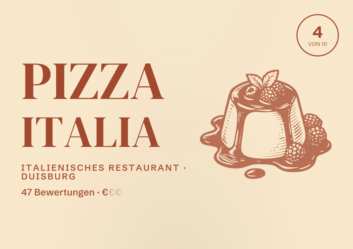 Illustriertes Poster von Pizza Italia, Italienisches Restaurant in Duisburg: Bewertung 4,6 von 10 aus 47 Bewertungen, Preisniveau €