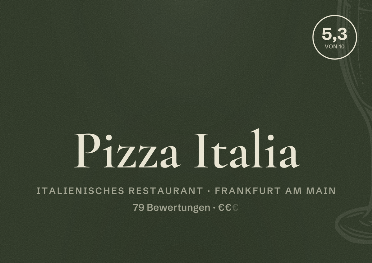 Illustriertes Poster von Pizza Italia, Italienisches Restaurant in Frankfurt am Main: Bewertung 5,3 von 10 aus 79 Bewertungen, Preisniveau €€