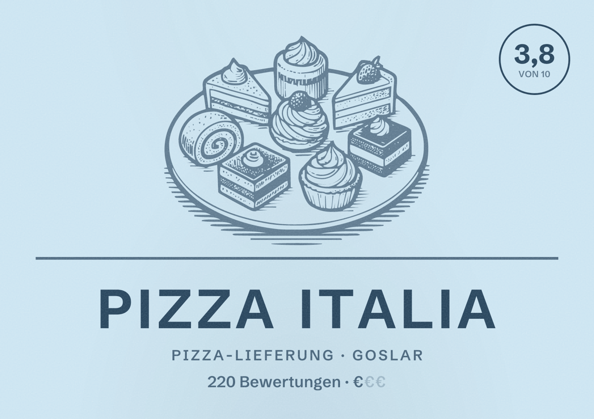 Illustriertes Poster von Pizza Italia, Pizza-Lieferung in Goslar: Bewertung 3,8 von 10 aus 220 Bewertungen, Preisniveau €