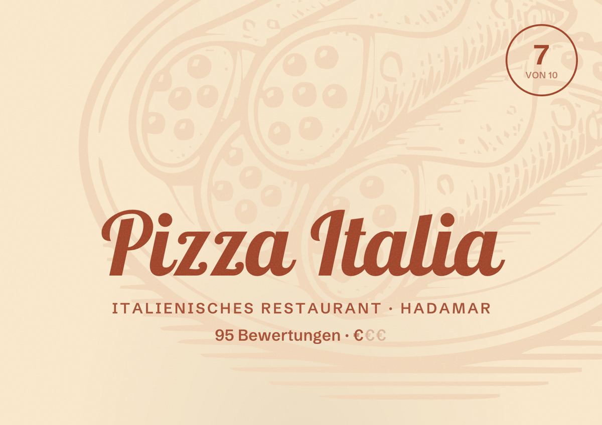 Illustriertes Poster von Pizza Italia, Italienisches Restaurant in Hadamar: Bewertung 7 von 10 aus 95 Bewertungen, Preisniveau €
