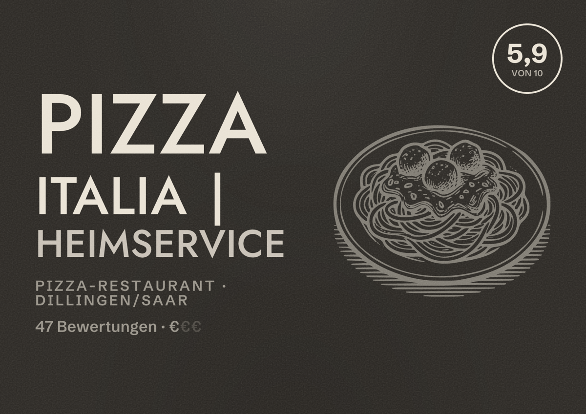 Illustriertes Poster von Pizza Italia | Heimservice, Pizza-Restaurant in Dillingen/Saar: Bewertung 5,9 von 10 aus 47 Bewertungen, Preisniveau €