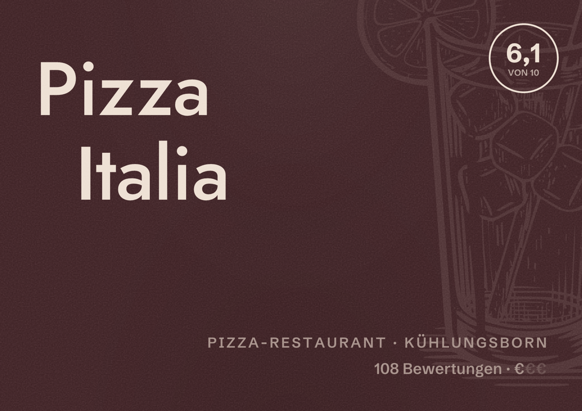 Illustriertes Poster von Pizza Italia, Pizza-Restaurant in Kühlungsborn: Bewertung 6,1 von 10 aus 108 Bewertungen, Preisniveau €