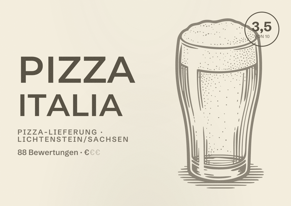 Illustriertes Poster von Pizza Italia, Pizza-Lieferung in Lichtenstein/Sachsen: Bewertung 3,5 von 10 aus 88 Bewertungen, Preisniveau €