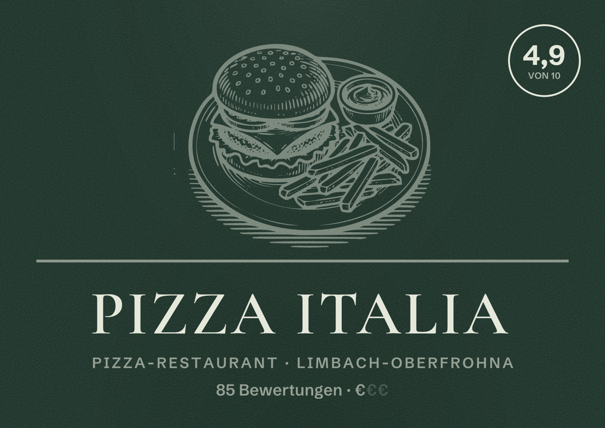 Illustriertes Poster von Pizza Italia, Pizza-Restaurant in Limbach-Oberfrohna: Bewertung 4,9 von 10 aus 85 Bewertungen, Preisniveau €