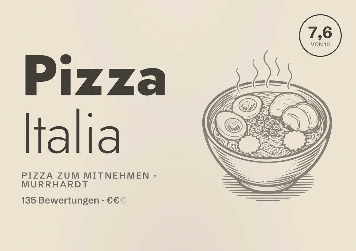 Illustriertes Poster von Pizza Italia, Pizza zum Mitnehmen in Murrhardt: Bewertung 7,6 von 10 aus 135 Bewertungen, Preisniveau €€