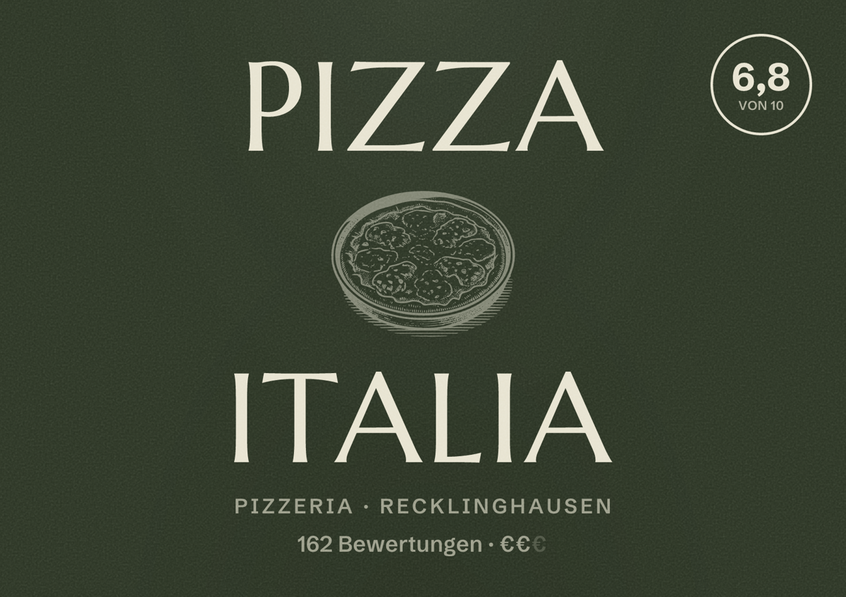 Illustriertes Poster von Pizza Italia, Pizzeria in Recklinghausen: Bewertung 6,8 von 10 aus 162 Bewertungen, Preisniveau €€