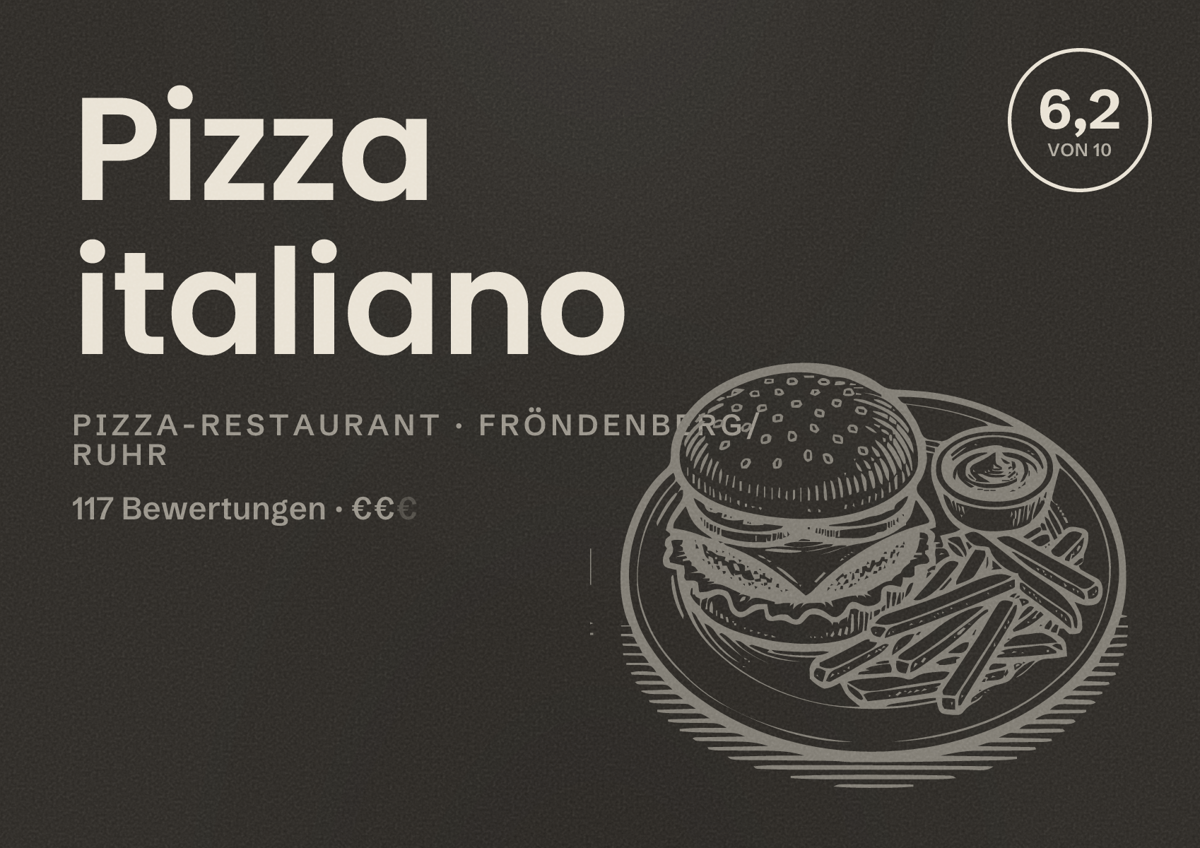 Illustriertes Poster von Pizza italiano, Pizza-Restaurant in Fröndenberg/Ruhr: Bewertung 6,2 von 10 aus 117 Bewertungen, Preisniveau €€