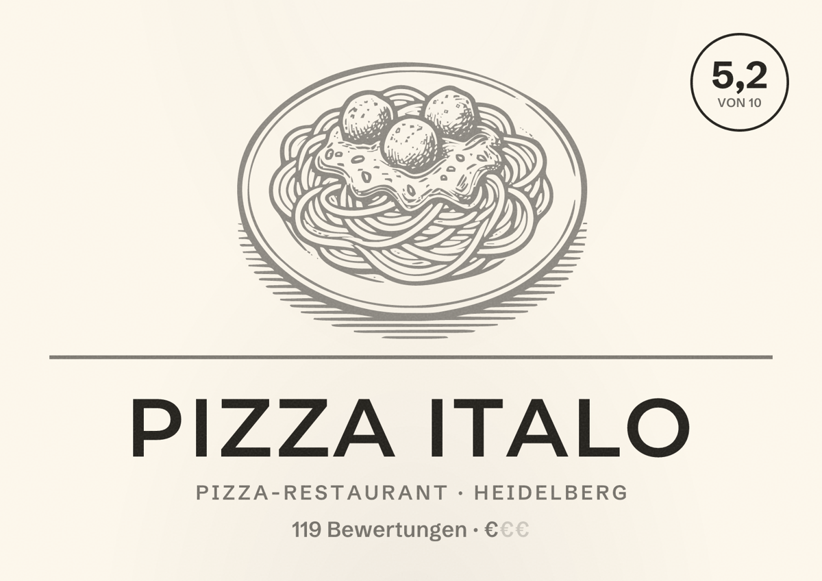Illustriertes Poster von Pizza Italo, Pizza-Restaurant in Heidelberg: Bewertung 5,2 von 10 aus 119 Bewertungen, Preisniveau €
