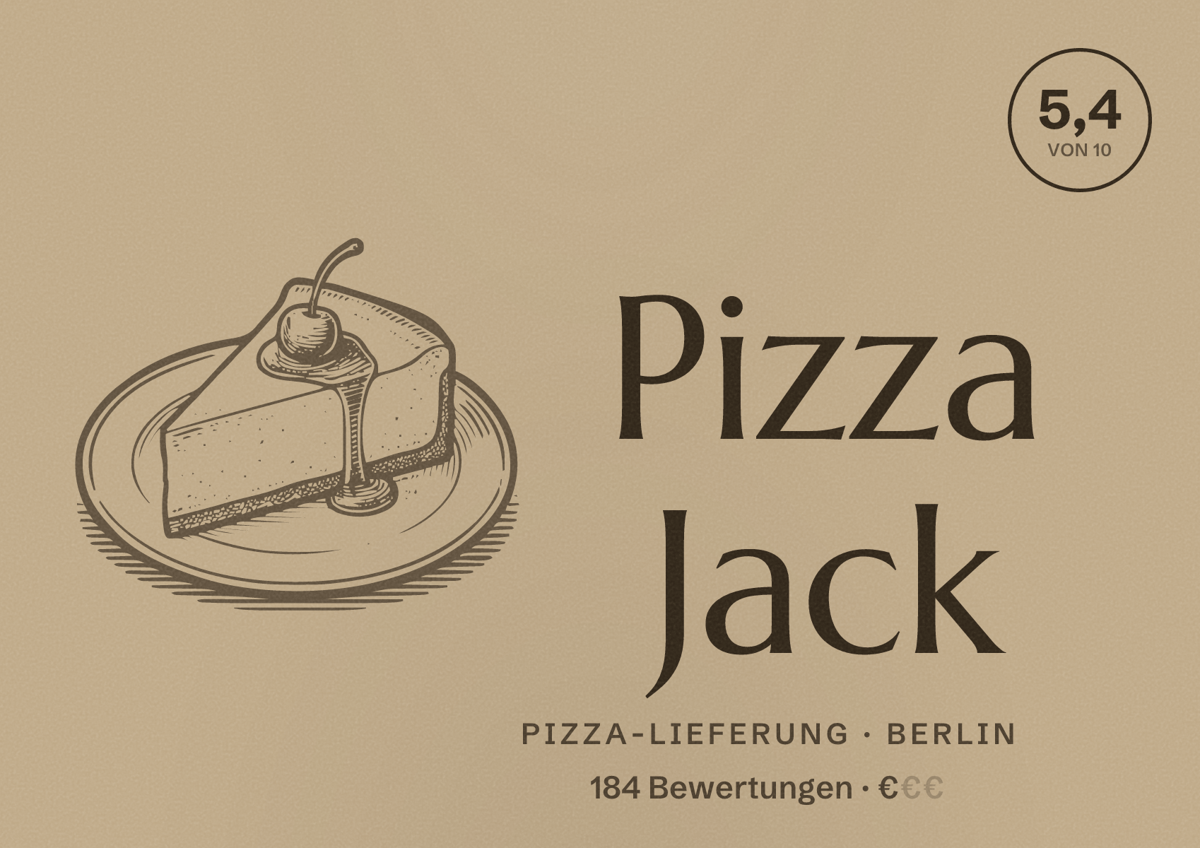 Illustriertes Poster von Pizza Jack, Pizza-Lieferung in Berlin: Bewertung 5,4 von 10 aus 184 Bewertungen, Preisniveau €