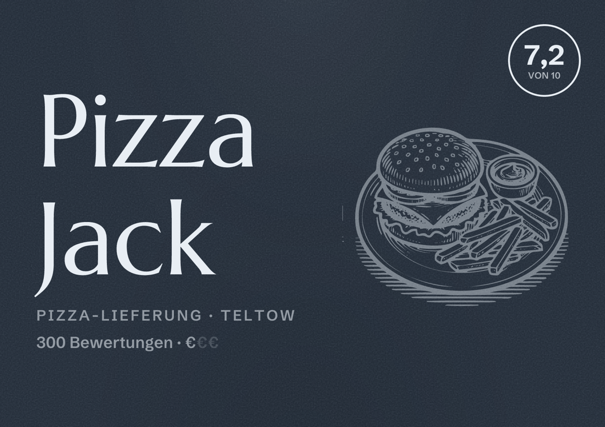 Illustriertes Poster von Pizza Jack, Pizza-Lieferung in Teltow: Bewertung 7,2 von 10 aus 300 Bewertungen, Preisniveau €